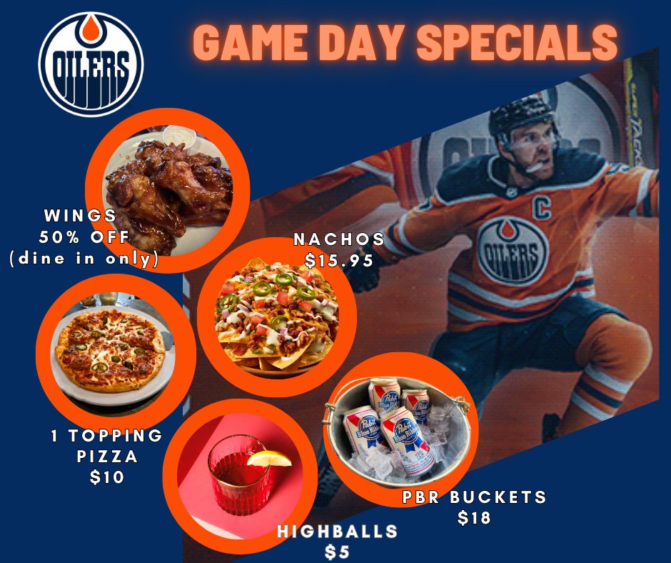rendezvouspub49's tweet photo. The Oilers are in the playoffs and there's no better place to watch the game than Pub 49.We're rolling out specials all series long — $18 buckets of PBR, $10 pizzas, half price wings, and $5.50 highballs. Come hungry, come thirsty, come loud.
Specials start 1 hour before the game https://t.co/LdXzcokGtY