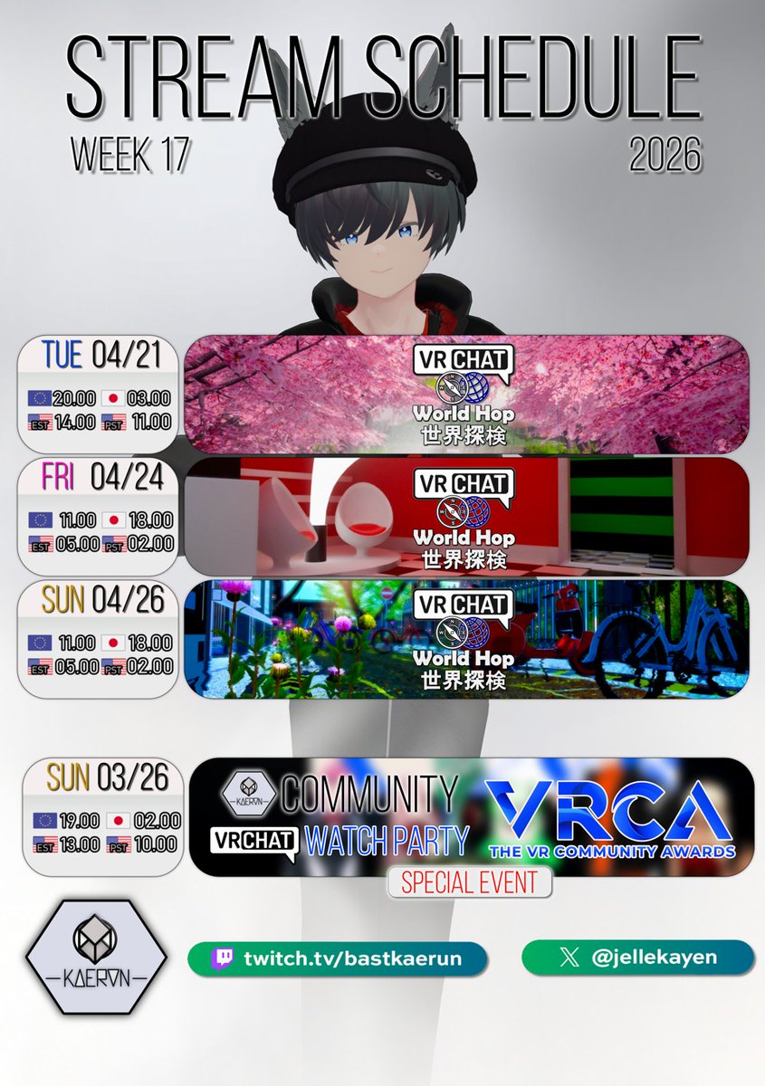 jellekayen's tweet image. 今週の私のTwitch VRChatワールドホップのスケジュールはこちらです！
ぜひ気軽に参加してくださいね！
Here is my Twitch VRChat World Hop schedule for this week!
Feel free to join in!
twitch.tv/bastkaerun
#VRChat #twitch #twitchstreamer