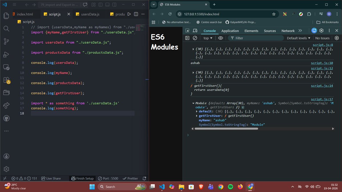 Ashab__683's tweet image. 🚀 Today’s JS Learning

Explored ES6 Modules

export / import
default vs named
import * as

Saw modules loading in DevTools 👀

JS finally feels like real-world dev 🔥

#100DaysOfCode #JavaScript #WebDev #day93