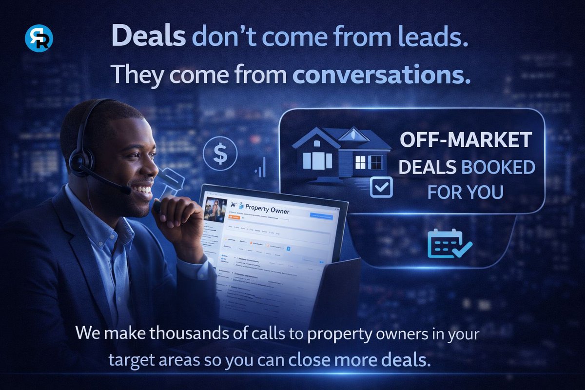 JackkMoraaa's tweet photo. Most wholesalers don't lack deals.
They lack conversations.
We fix that.
More calls.
More seller conversations.
More off-market deals.

#WholesalingRealEstate #OffMarketDeals #RealEstatelnvesting #ColdCallingWorks
#LeadGeneration https://t.co/JLqVZKmYGe