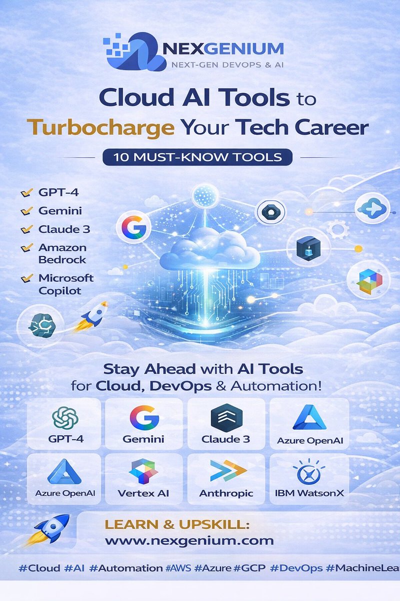 nexgenium's tweet image. If you're not using AI in Cloud &amp;amp; DevOps… you're falling behind.

Top tools to know 👇
☁️ AWS Bedrock / Azure OpenAI / Vertex AI
🤖 GPT / Gemini / Claude
⚙️ Copilot (automation)
💡 AI + Cloud = Future-proof career
🌐 nexgenium.com
#AI #Cloud #DevOps #GenAI #AWS #azure