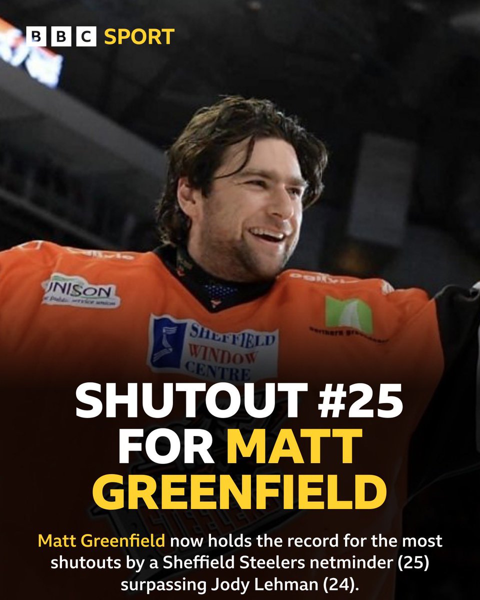 Congratulations to Netminder Matt Greenfield (25) who now holds the record for the most shutouts by a Sheffield Steelers Netminder surpassing Jody Lehman (24)