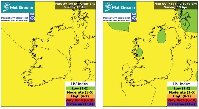 MetEireann's tweet image. #UV Index for Sunday 19th of April 👇

Moderate under clear skies ☀️
Moderate to low under cloudy skies ☁️

Remember to stay #SunSmart and protect your skin &amp;amp; eyes even under cloudy skies 🧴🧢🕶️ 

For more on UV ℹ️ met.ie/uv-index