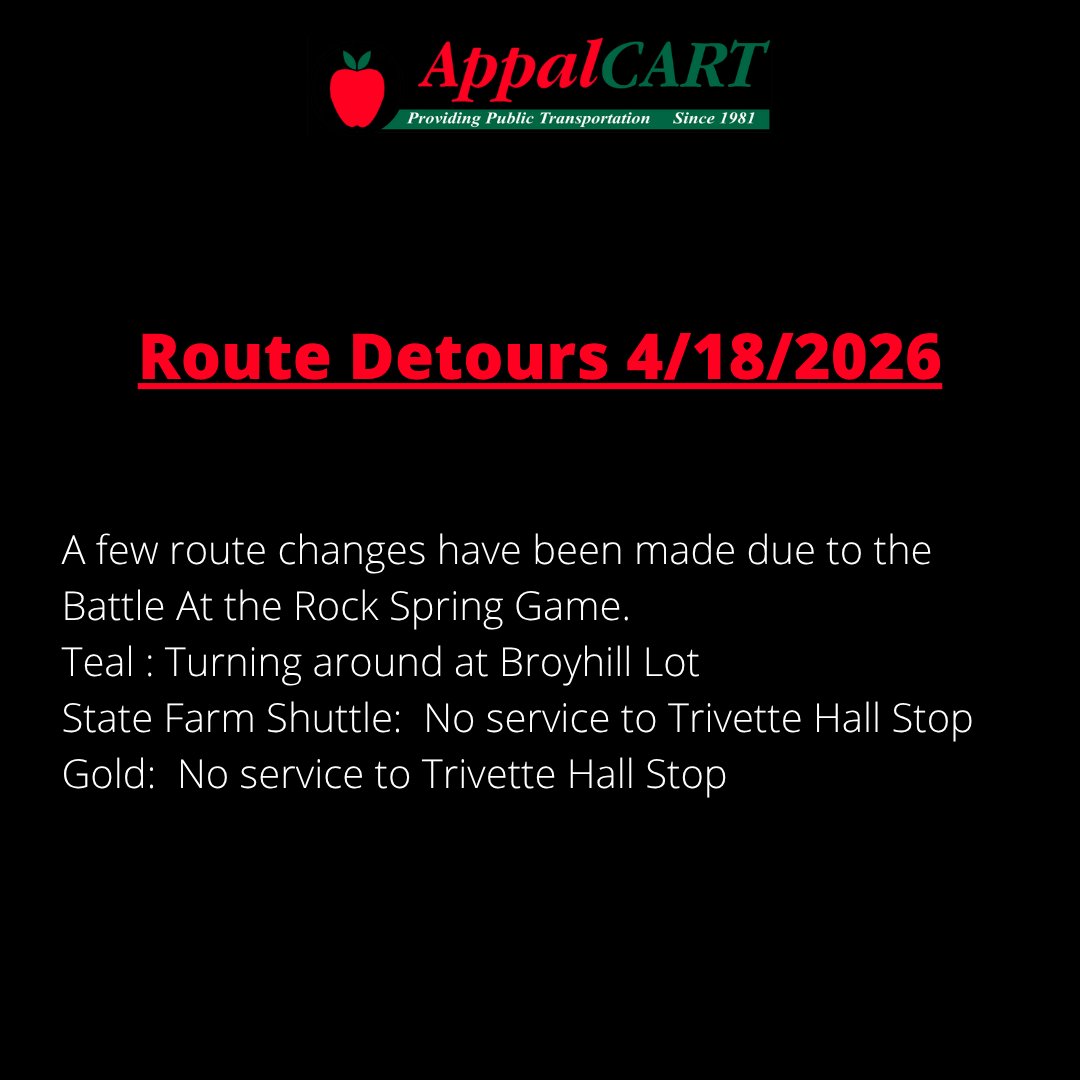AppalCART's tweet photo. A few route changes have been made due to the Battle At the Rock Spring Game.
Teal : Turning around at Broyhill Lot
State Farm Shuttle: No service to Trivette Hall Stop
Gold: No service to Trivette Hall Stop https://t.co/eGTw4rqfPC