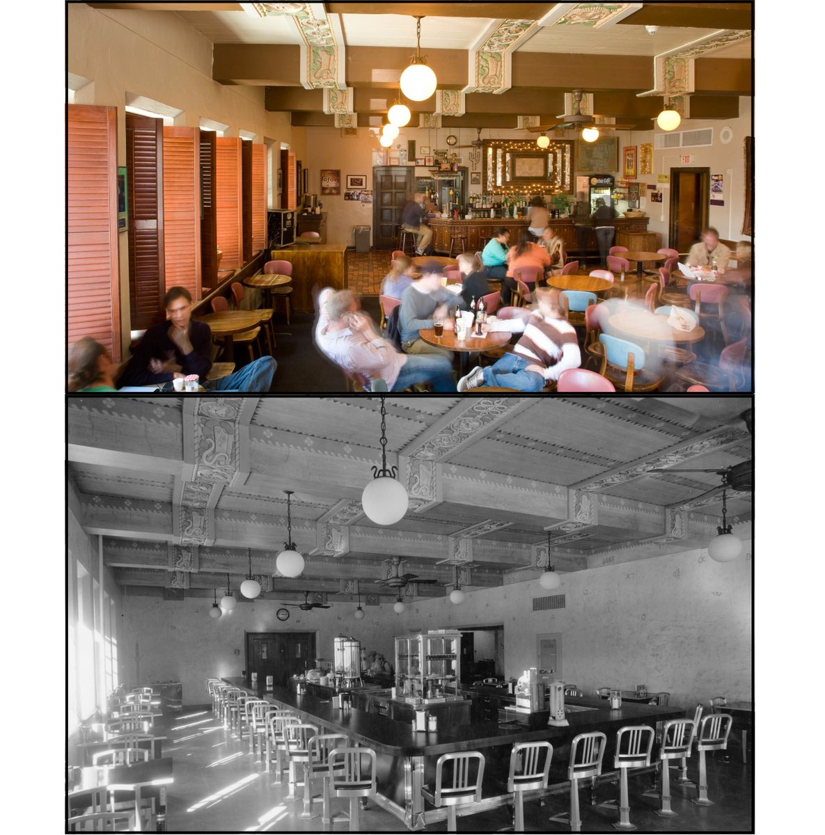 Did you know? The Cactus Cafe in @UTAustin's Texas Union was originally the  Chuck Wagon, a popular short order diner from 1933 - 1973. The light  fixtures, fans, and colorful ranch-themed ceiling