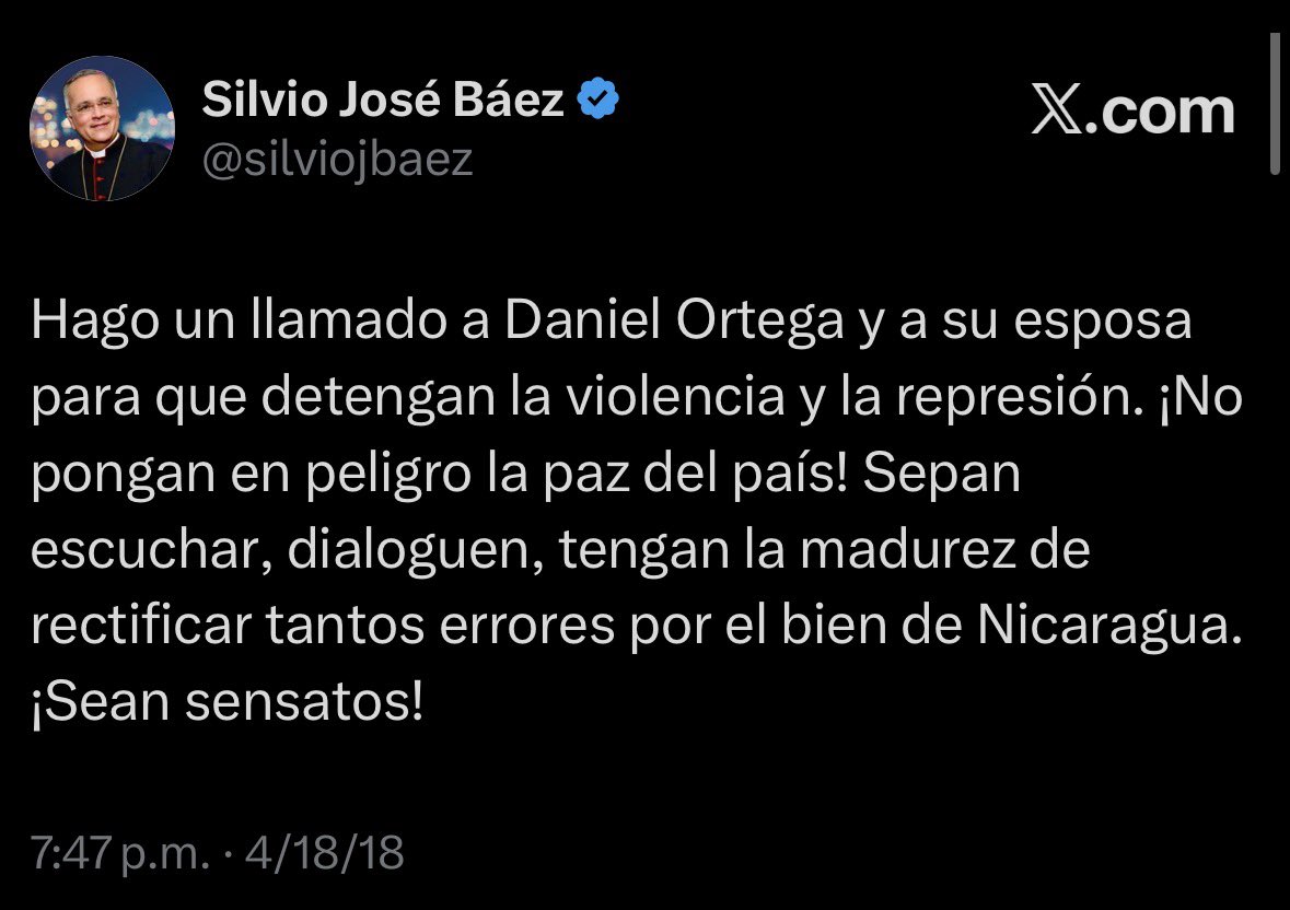 Hace 8 años en Managua, el 18 de abril de 2018, publiqué este tuit a las 7:47 p.m.