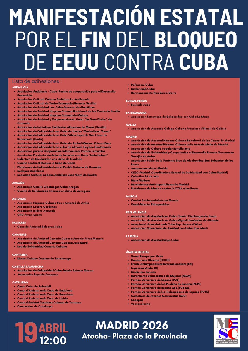 siempreconcuba's tweet image. El Movimiento Estatal de Solidaridad con Cuba convoca a la manifestación estatal que se celebrará en #Madrid bajo el lema “Por el fin del bloqueo de #EEUU contra #Cuba”La cita es para exigir el cese del criminal cerco que Washington impone a la Isla 

@embaCubaEspana 
#ICAPCuba