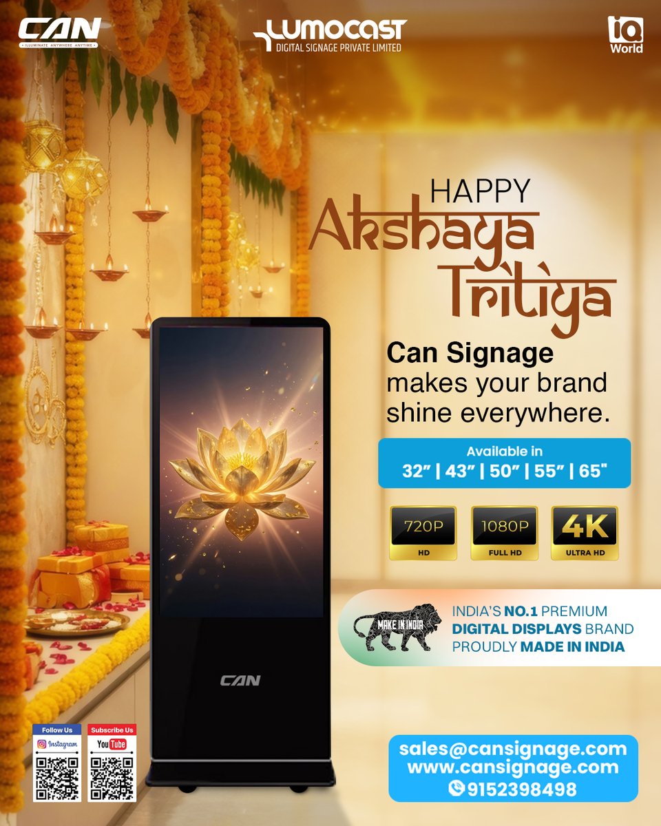 cansignage_'s tweet image. Make your brand shine this Akshaya Tritiya ✨ A day of growth, prosperity &amp;amp; visibility. Can Signage brings your message to life on every screen.

#CanSignage #AkshayaTritiya #DigitalSignage #LEDDisplay #DOOH #BrandVisibility