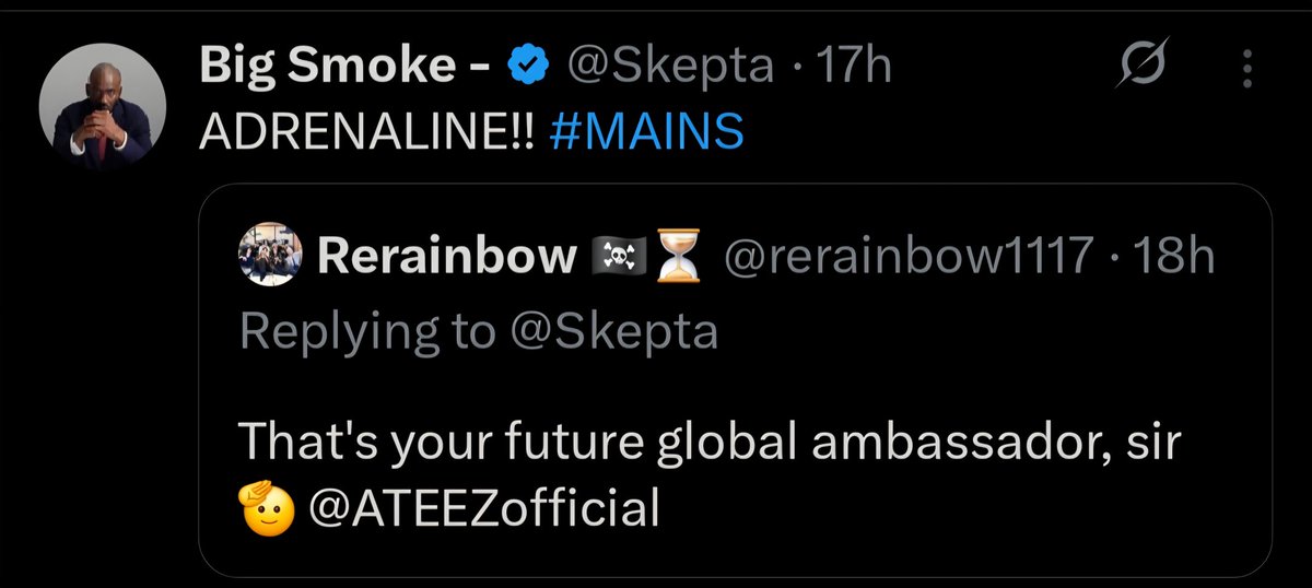 AteezColombia's tweet image. ℹ️ | Skepta; rapero y productor británico, fundador de la marca de streetwear MAINS; mencionó a YEOSANG en su cuenta de X.

💬: Yeosang (ATEEZ) usa #MAINS

💬 (respuesta de fan): Ese es su futuro embajador global, señor 🤭 @.ATEEZofficial

💬: ¡ADRENALINE!! #MAINS