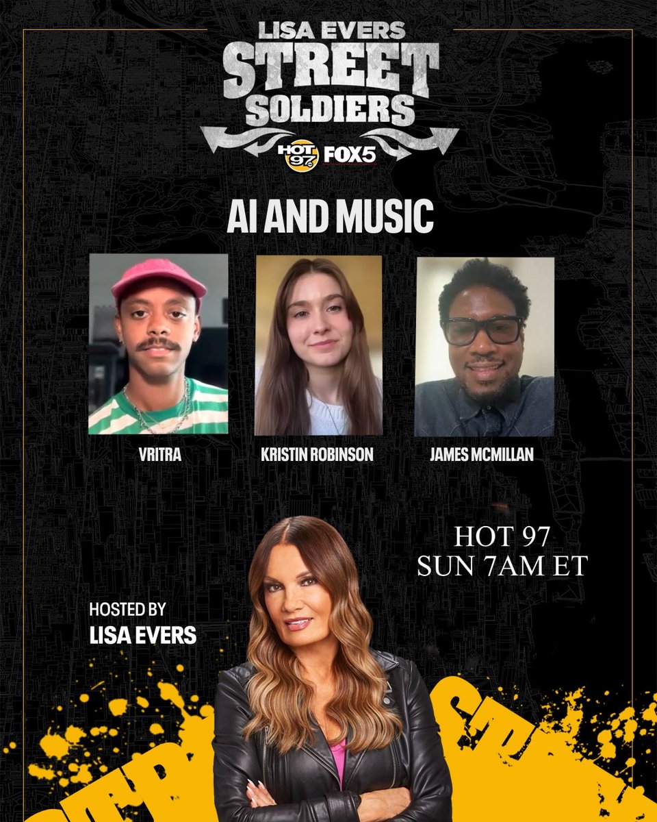 LisaEvers's tweet image. “AI &amp;amp; THE MUSIC INDUSTRY” The conversation continues on #hot97 #streetsoldiers Sun 7A ET with attorney James McMillan @jimmynickles @Billboard senior correspondent Kristin Robinson @wordsbykristin &amp;amp; artist VRITRA @vritra322 97.1 FM &amp;amp; live stream everywhere on free #hot97 app!