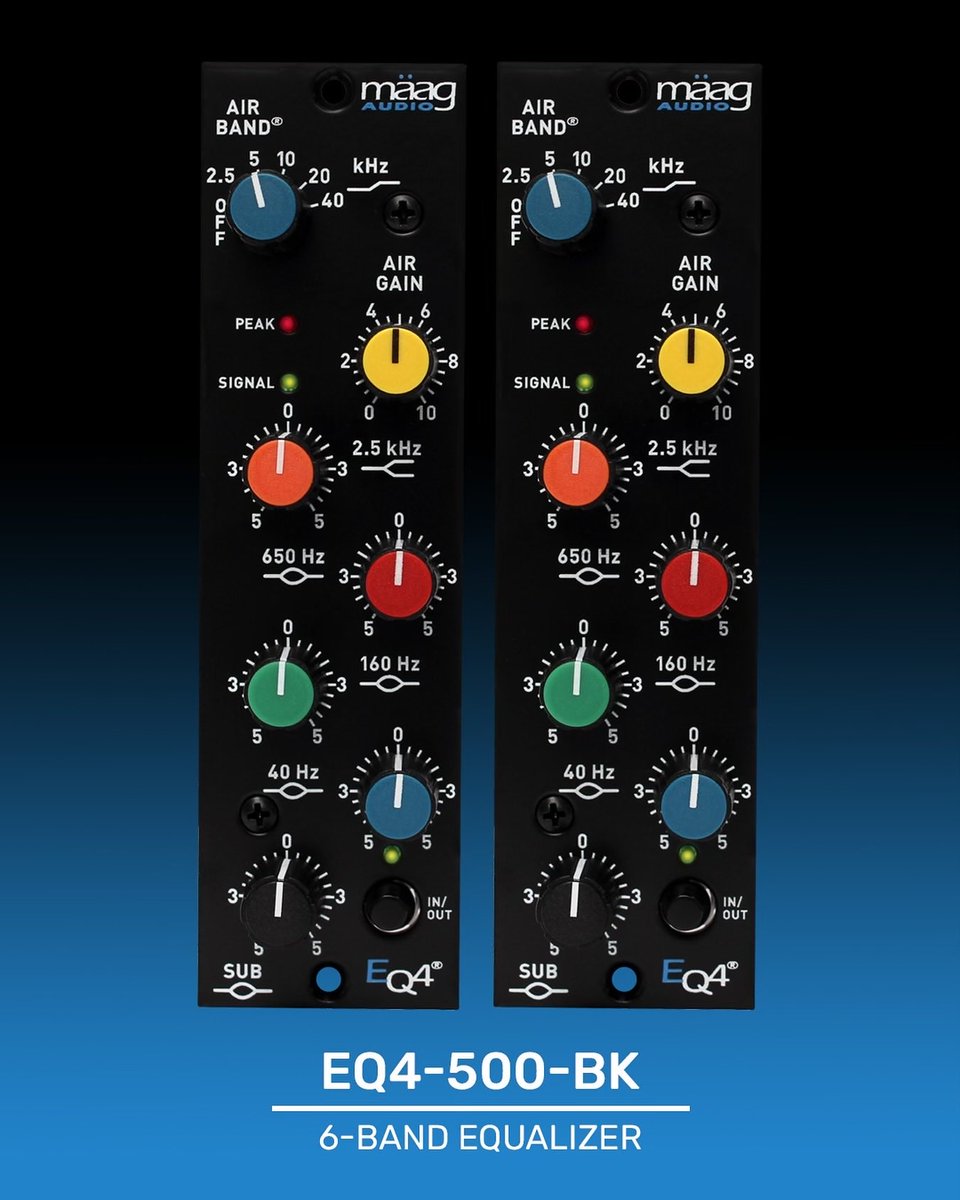 maagaudio's tweet image. What’s better than one all-new, sleek black EQ4-500-BK 6-band EQ in your 500 Series rack? How about two.

Learn more here: maag.audio/eq4-500-bk/

#MaagAudio #MaagEQ4BK #EQ #MaagAirBand #500series