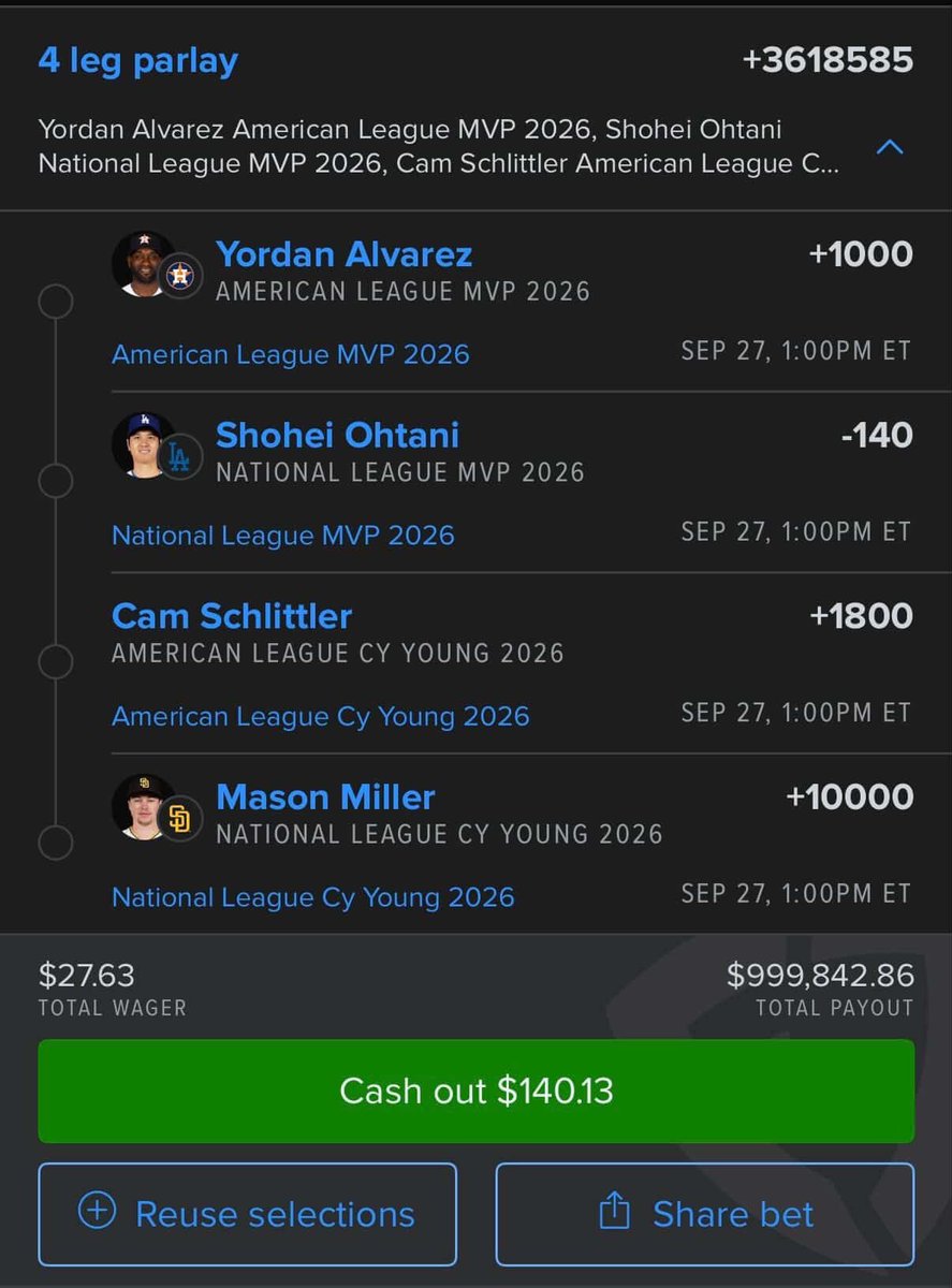 TAKE A LOOK AT THIS MILLION DOLLAR MLB FUTURES PARLAY….. 😳

Does it have a shot? 👀

(IG: aqib_07 <a href="/FDSportsbook/">FanDuel Sportsbook</a>)