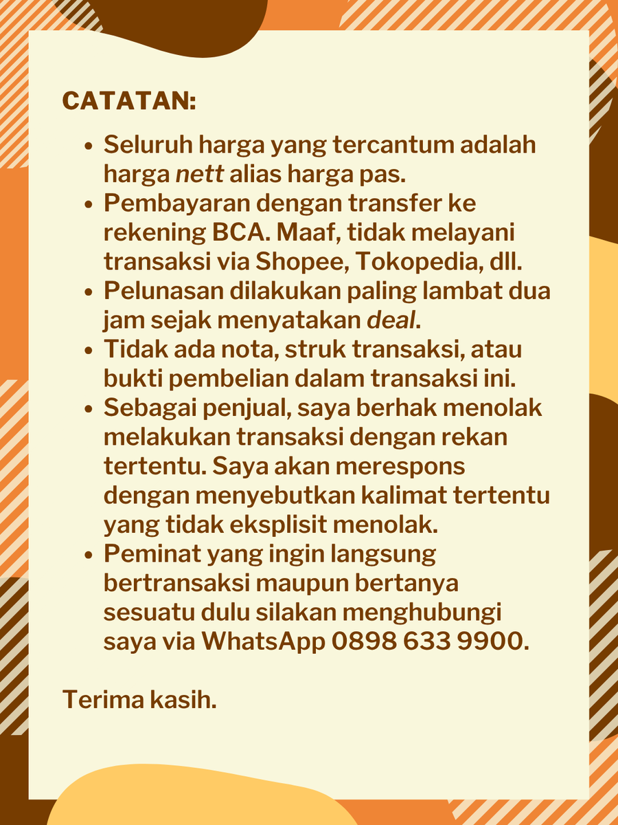 herrysw's tweet photo. Dijual mantan nomor utama saya.  

Pada Juni tahun lalu nomor ini terpaksa dipensiunkan karena WhatsApp-nya bermasalah. Setelah sepuluh bulan ditidurkan, WhatsApp-nya kini kembali normal. Saya takkan memakainya lagi karena informasi perubahan nomor sudah menyebar ke relasi, teman, maupun saudara.

Jadi, nomor sepuluh digit yang rapi ini saya putuskan dijual saja. Peminat silakan WhatsApp saya di 0898 633 9900.