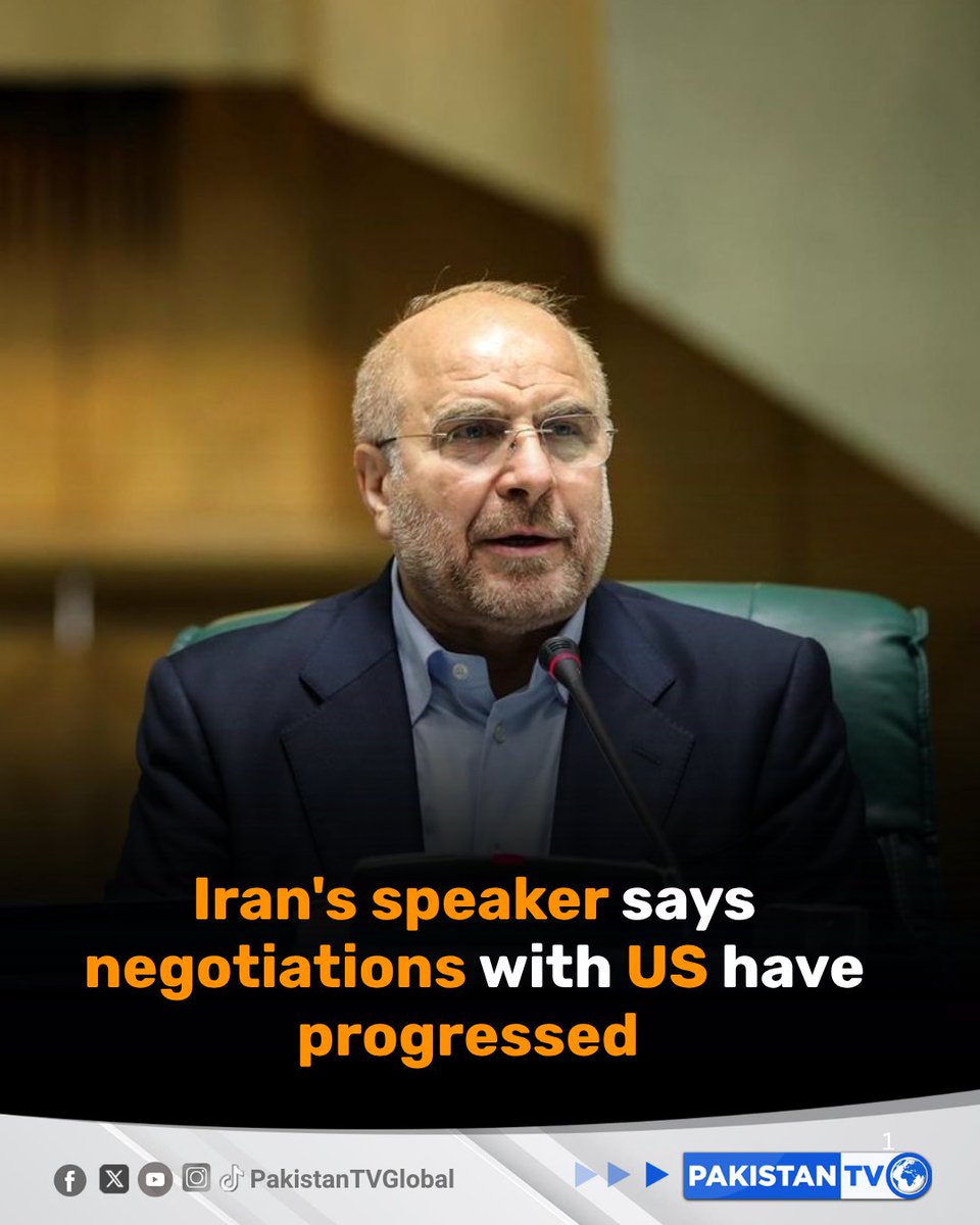 PakTVGlobal's tweet image. Progress had been made in negotiations with the United States to end the war, Iran's parliamentary speaker said on Saturday night, but added the sides were still far from an agreement.

#IranUSNegotiations #MiddleEastTensions #IranWar #CeasefireTalks #PakistanTV