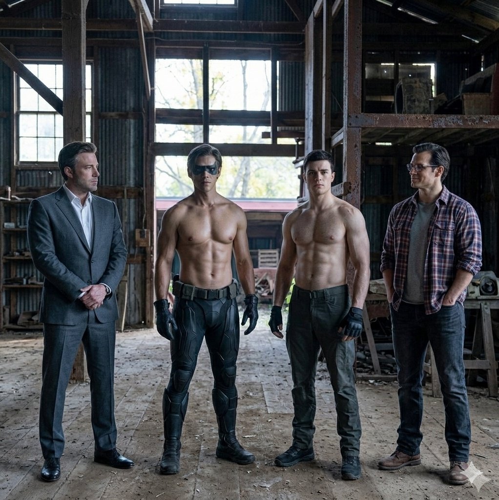 iwasla2's tweet photo. Superman, Batman, Nightwing &amp; Superboy (Ben Affleck, Brenton Thwaites, Henry Cavill, Dylan Sprayberry) https://t.co/XlCGYnBvTf