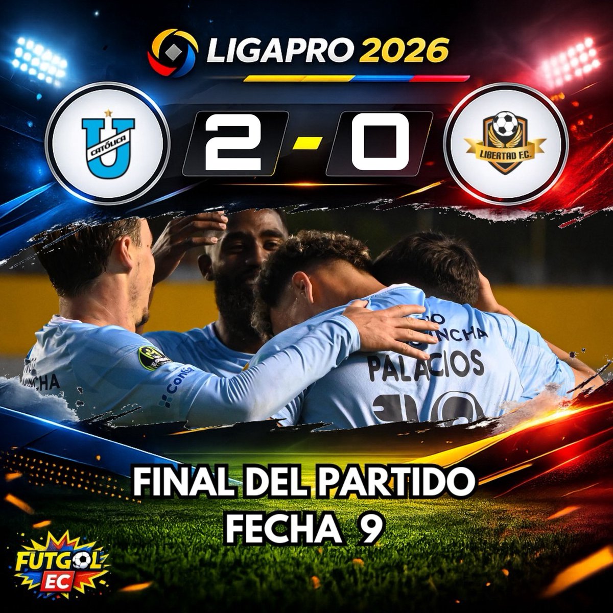 ¡Final del partido!

🏆 #LigaPro 🇪🇨
🗓️ #Fecha9
🏟️ #GonzaloPozoRipalda

1️⃣ #UniversidadCatólica
⚽️ Jhon Chancellor 57’
⚽️ Byron Palacios 85’

0️⃣ #Libertad