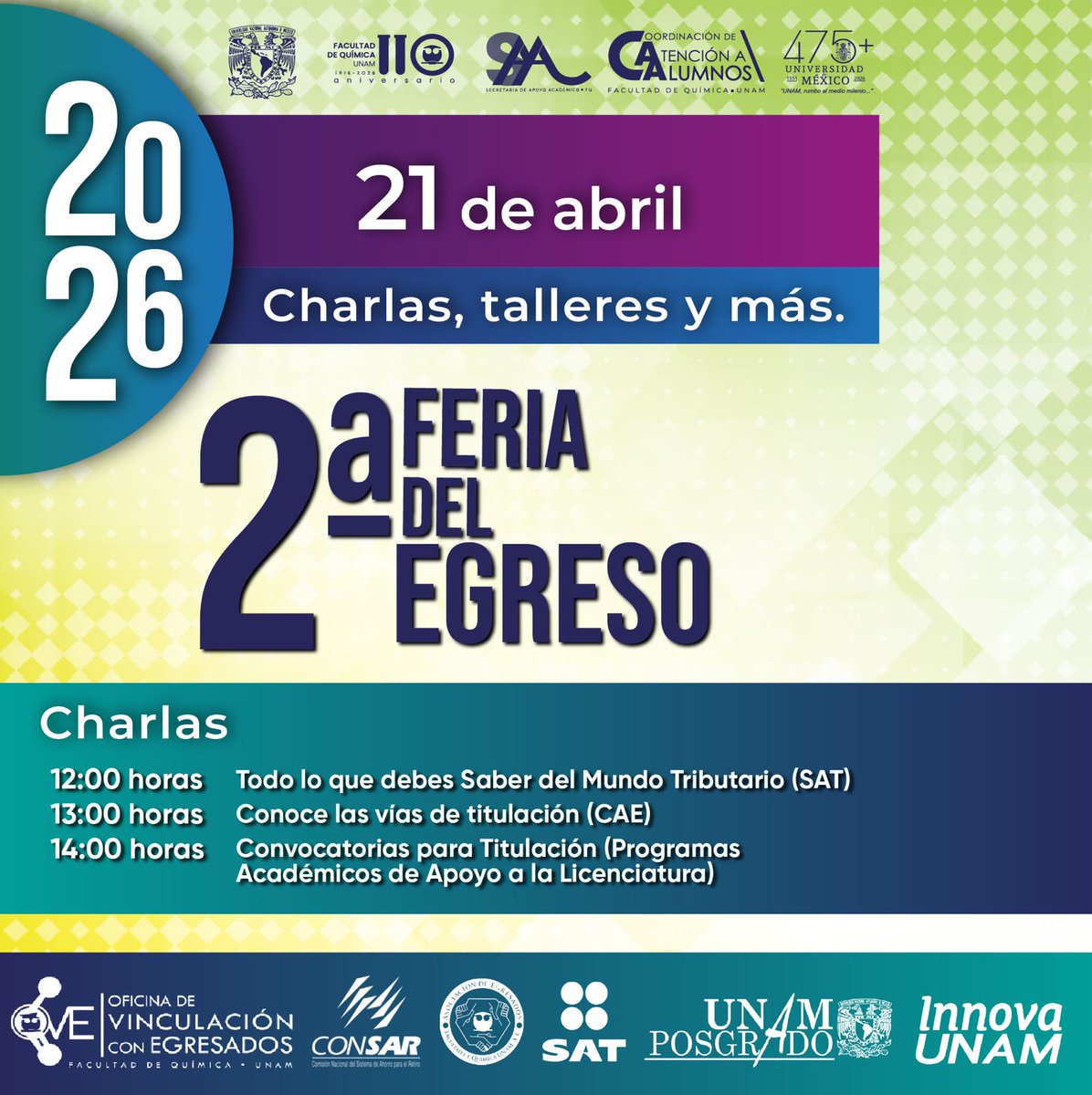 Comunidad_UNAM's tweet image. La Facultad de Química te invita a la 2ª Feria del Egreso, te ayudamos a dar el siguiente paso con éxito. Tendremos stands y charlas clave para que resuelvas tus dudas sobre el mundo laboral y administrativo.
#EgresadosFQ #Titulación #SAT #VidaProfesional #OrgulloUNAM