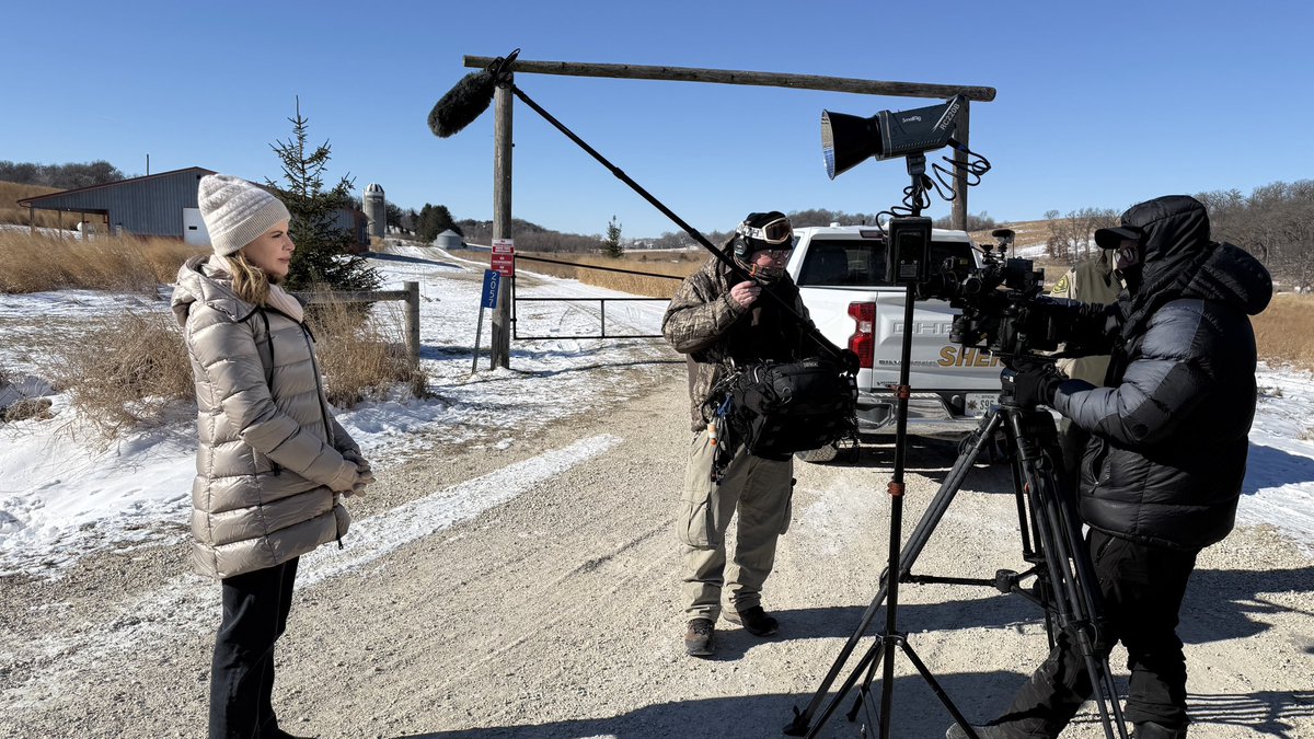 CameronRubner's tweet photo. When the team went to the farm in Decorah, Iowa, the temperature was below 0! Everyone had big coats on and almost all of us were using hand and toe warmers to keep warm. Our camera and drone operator said if it was much colder, the drone wouldn’t have been able to fly. #48hours https://t.co/kxznHfz9cf