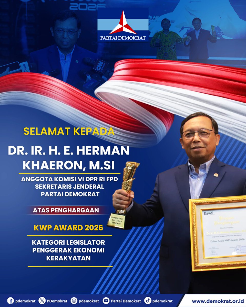 PDemokrat's tweet photo. Selamat dan sukses kepada @akang_hero atas penghargaan KWP Award 2026 kategori Legislator Penggerak Ekonomi Kerakyatan.

Penghargaan ini menjadi bukti nyata dedikasi dan komitmen dalam memperjuangkan kesejahteraan rakyat serta mendorong pertumbuhan ekonomi yang inklusif.

Semoga terus menginspirasi dan memberikan kontribusi terbaik untuk Indonesia 🇮🇩