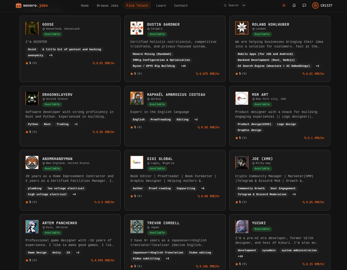 CR1337's tweet image. Almost 200 freelancers from all over the world have registered on Monero.Jobs so far, wanting to get paid in Monero (XMR), among them: 

- Developers 
- Designers
- Editors &amp;amp; Proofreaders
- SysAdmins
- Marketers
- OSINT Specialist
- Financial Accountant

&amp;amp; more!

Have