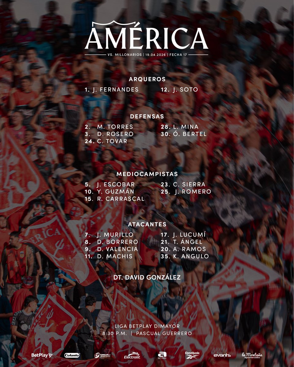 leonelcerrudo's tweet image. 🔴 #AMÉRICA | NO CONCENTRAN MOSQUERA GUARDIA, CAVADÍA NI TILMAN PALACIOS. 

✅ Fernandes; Mina, Torres, Tovar, Bertel; Escobar, Carrascal; Ángel, Guzmán, Machis; Valencia el probable 11.

¿Cuál es tu XI 🆚 Millonarios?