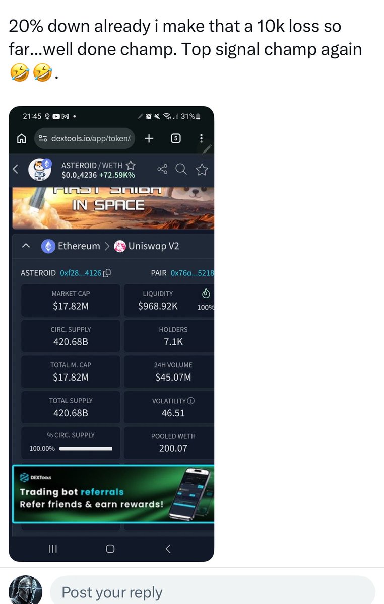 MoneyLord's tweet photo. Summary of CT reply guys in 3 photos

This is mostly axiom traders who cant hold longer then few hours 

IN few hours after my post, not even day bro couldn’t handle a 30% dip, sold a position and then call it a pump and dump

The trade was simple, you just wait for elon respond to questions, but people like these expect elon to instantly respond like some KOL or reply guy

These is the reason why 99% of people in this space never hit big trade, and became poor

Regards