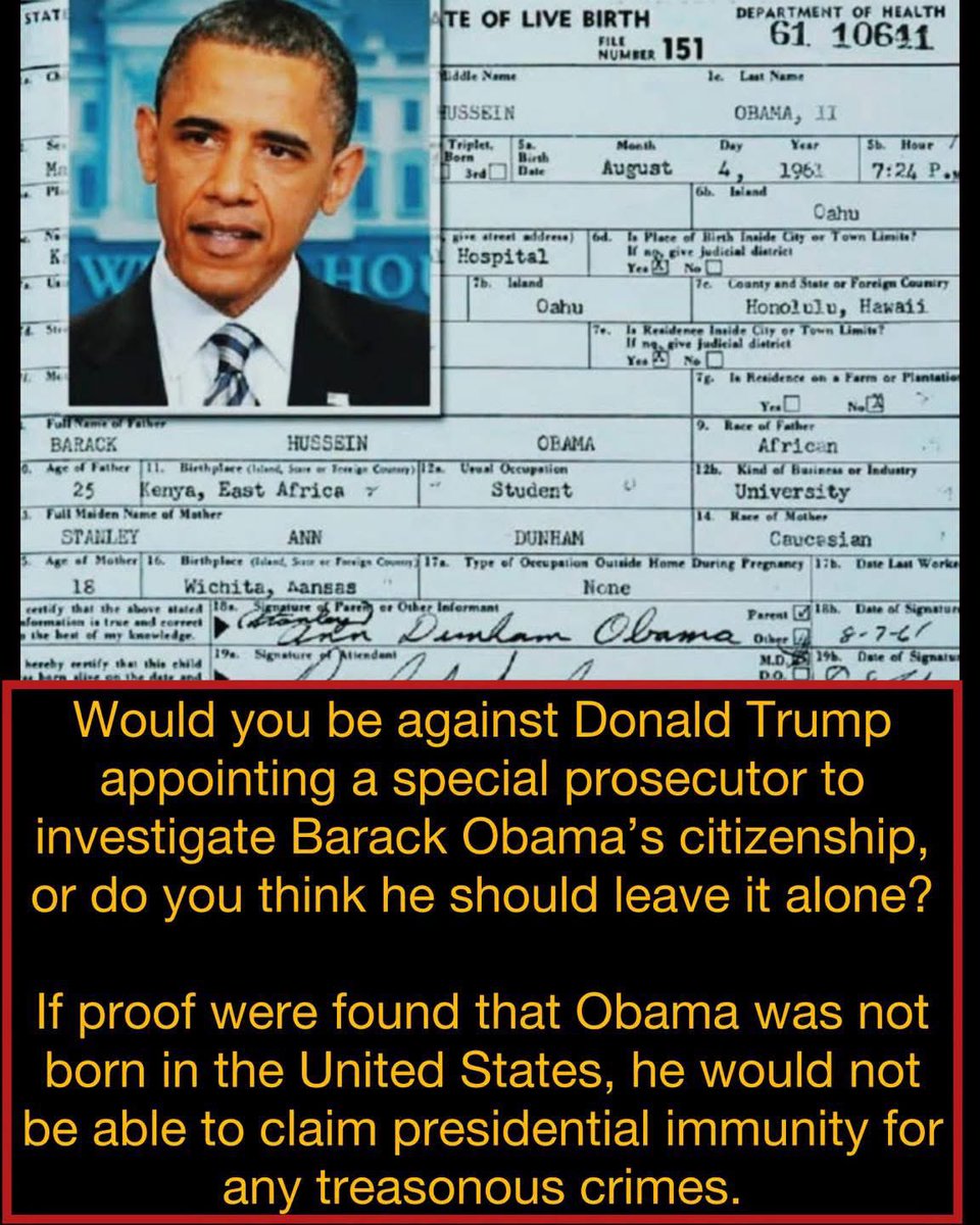 GOP_is_Gutless's tweet image. Should Trump appoint a special prosecutor to investigate Barack Obama’s citizenship… or just leave it alone?

If proof emerges he wasn’t born in the U.S., Obama couldn’t claim presidential immunity for any alleged treasonous acts.

What say you? 👀

#Trump #Obama #Birther (