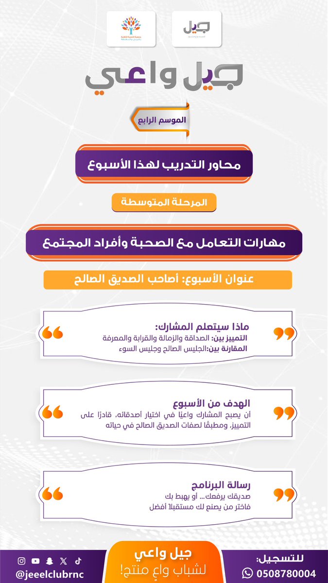 أسبوع يتجدد بكم بكل حماس وتعلم ننتظركم 

#نادي_جيل_الاجتماعي
#جمعية_التنمية_بالريان_والنهضة
#جيل_واعي_4
