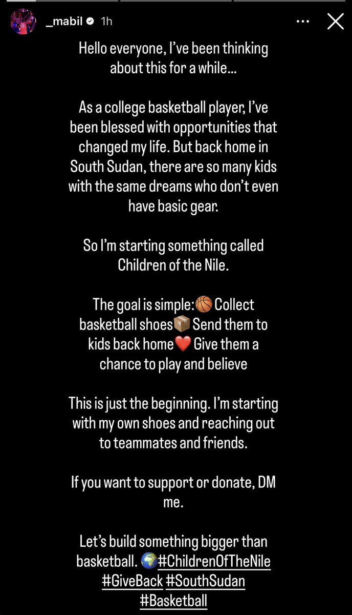 KevoPosts's tweet photo. Mabil Mawut says he’s started a project called “Children of the Nile” 🙌🏽

“The goal is simple: Collect basketball shoes, send them to kids back home. Give them a chance to play and believe.” https://t.co/X9WESkvnDl