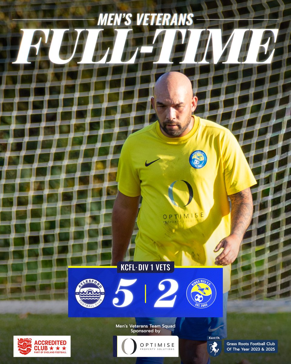 KingsHillFC1's tweet image. 🚨 RESULT 🚨

Our Veterans suffered a 5–2 defeat away at Aylesford.
A tough game but plenty of effort shown throughout.

🟡🔵

#KingsHillFC #KHFC #GrassrootsFootball