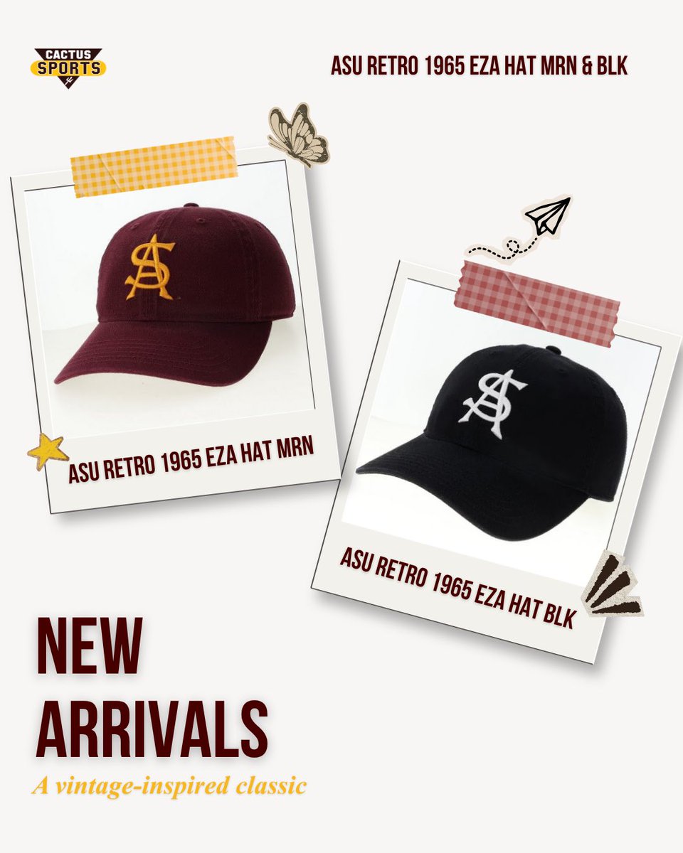 CactusSportsAZ's tweet image. A vintage inspired classic 🔱
The ASU Retro 1965 EZA Hat is the perfect finishing touch for game days or everyday looks.
Timeless style that never misses.

#asu #big12 #sundevils #arizonastate #shoplocal