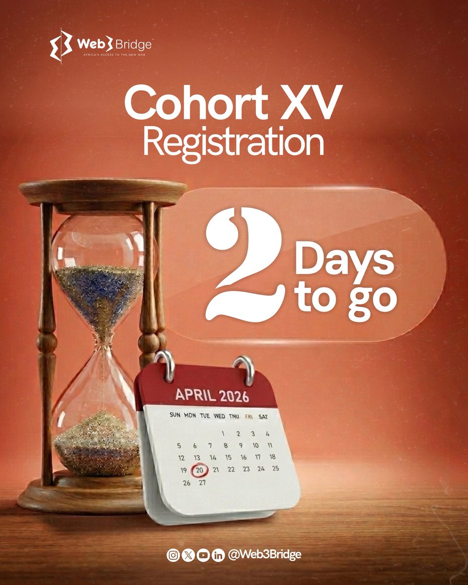 Web3Bridge's tweet image. Just a quiet reminder that time is almost up. ⏳

Cohort XV registration opens in 2 days.  
And when it drops… it won’t wait for anyone. Stay ready.

#Web3Bridge #CohortXV #TechInAfrica #Web3 #LearnBuildGrow