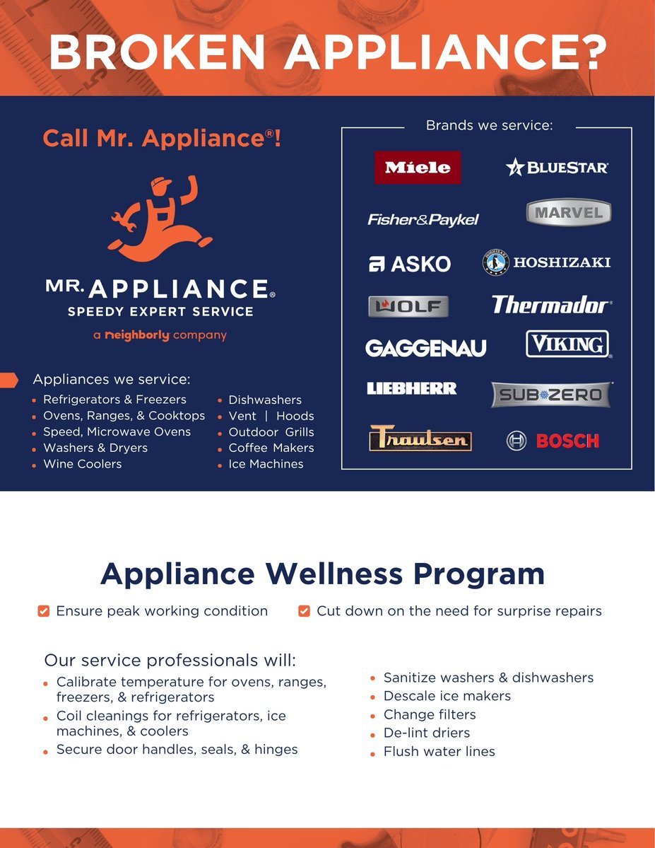 themrappliance's tweet image. Samsung. LG. Whirlpool. GE. Bosch. KitchenAid. Maytag. Whatever brand is in your home — we work on it. 🔧✅ What brand do you have? Drop it below and we'll confirm we service it. 👇 #MrAppliance #ApplianceRepair #BookToday