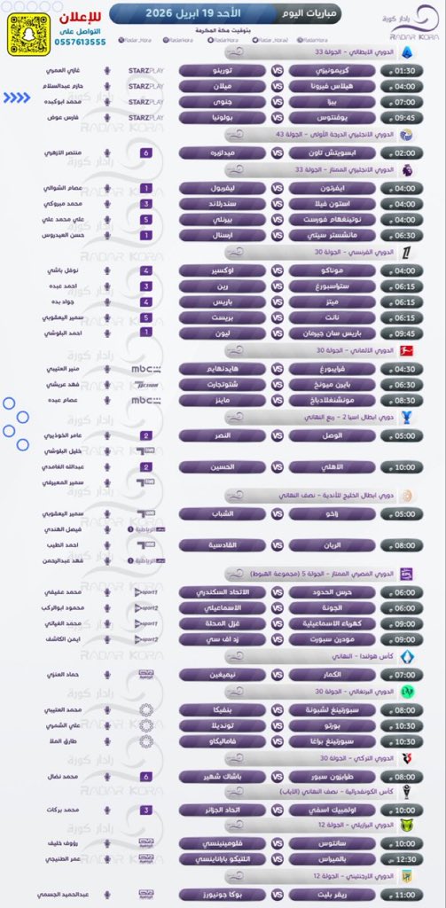⚽️ | #مباريات_اليوم  
🗓 | 19 ابريل       
#مباريات_الاحد

#ايفرتون_ليفربول 
#مانشسترسيتي_ارسنال 
#باريس_ليون 
#الوصل_النصر
#زاخو_الشباب 
#ريفربليت_بوكاجونيورز