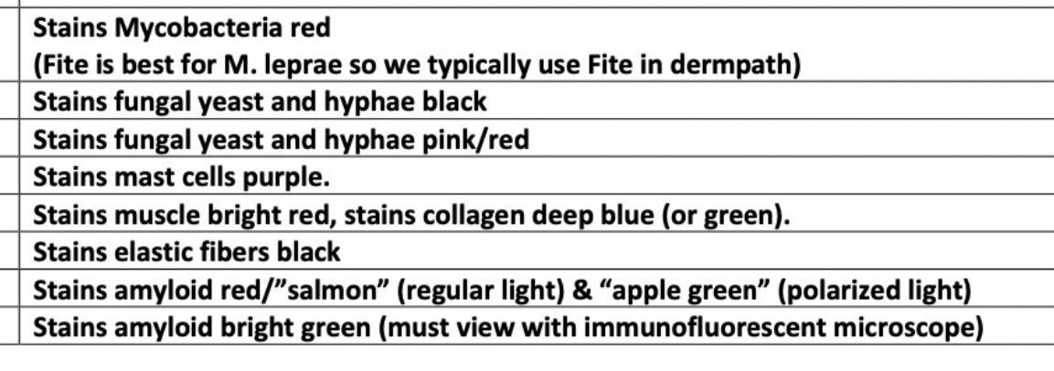 JMGardnerMD's tweet photo. Quiz for #pathology beginners. Which histochemical stains are being described here? Answers ✅  https://t.co/SLTXUijDHP 
(with table of common #pathology immunostains & special stains). 
#medstudents #pathTwitter #path2path #dermpath #dermatology #dermtwitter #usmle #MedStudentTwitter #MedED #medtwitter