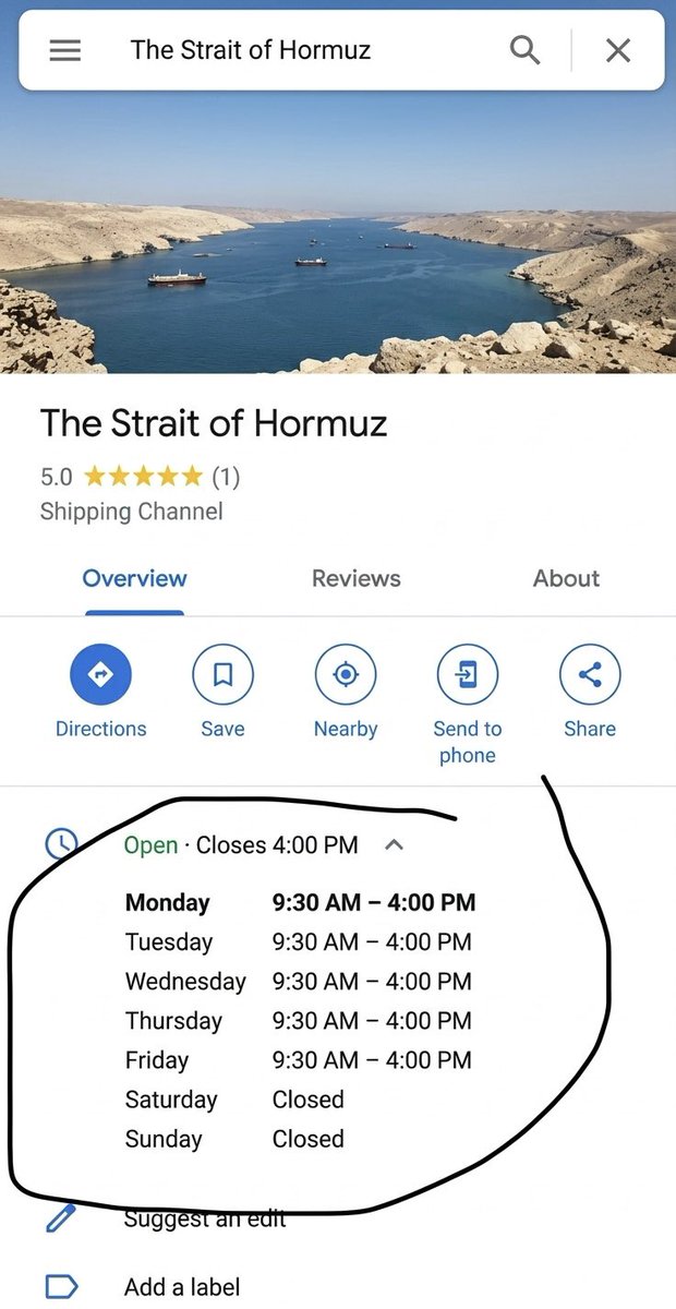 Strait of Hormuz is closed right now.
Please come back during regular business hours.
Thank you for your attention to this matter.