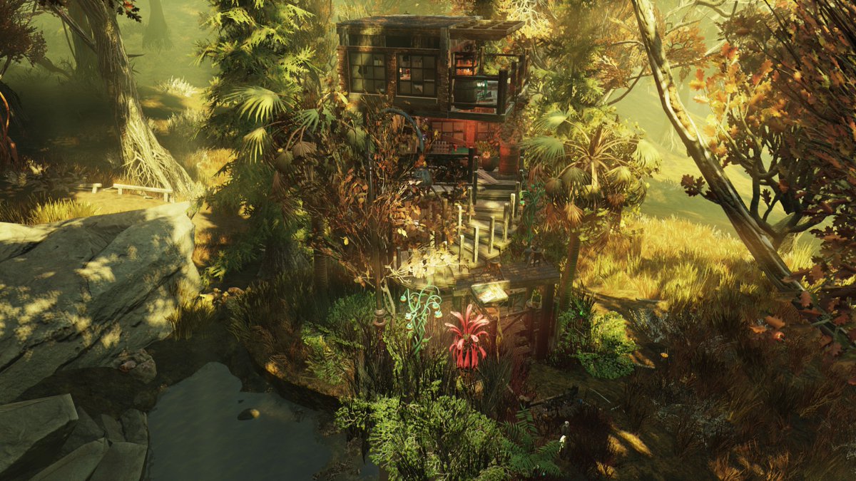 jawafour's tweet image. The light and dark of the Mire helps add to the atmosphere at my compact, four-level camp. #Fallout76 #Fallout76camp