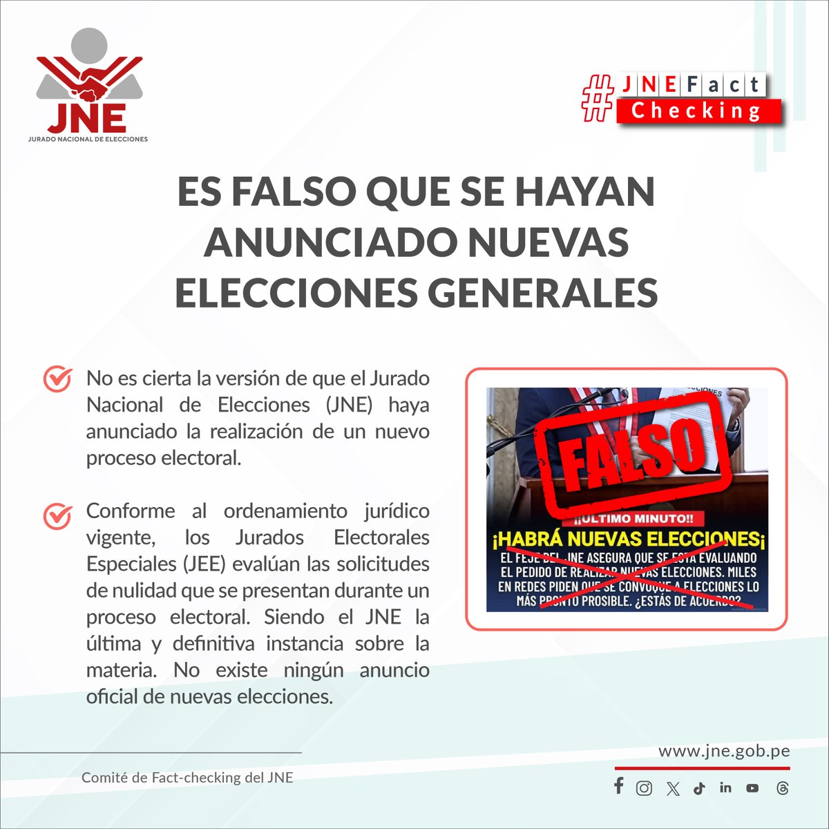 #JNEFactChecking | ❌Es FALSO que se hayan anunciado nuevas elecciones generales #EG2026. 
✅ Verifica antes de compartir y evita difundir desinformación. #EleccionesSinFake
