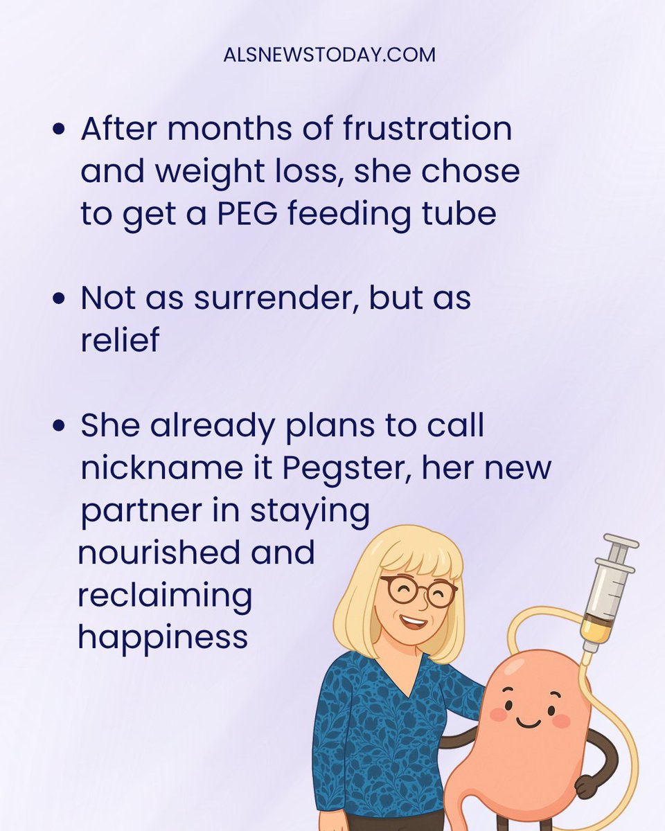 alsnewstoday's tweet image. Accepting a feeding tube: bit.ly/3LoaU39

Nancy Muirhead shares how choosing a PEG feeding tube, lovingly nicknamed “Pegster,” is helping her reconnect with food and joy rather than struggle.

#ALS #Bionews #ALSNewsToday #ALSCommunity #LifeWithALS #PegTube #ALSSupport