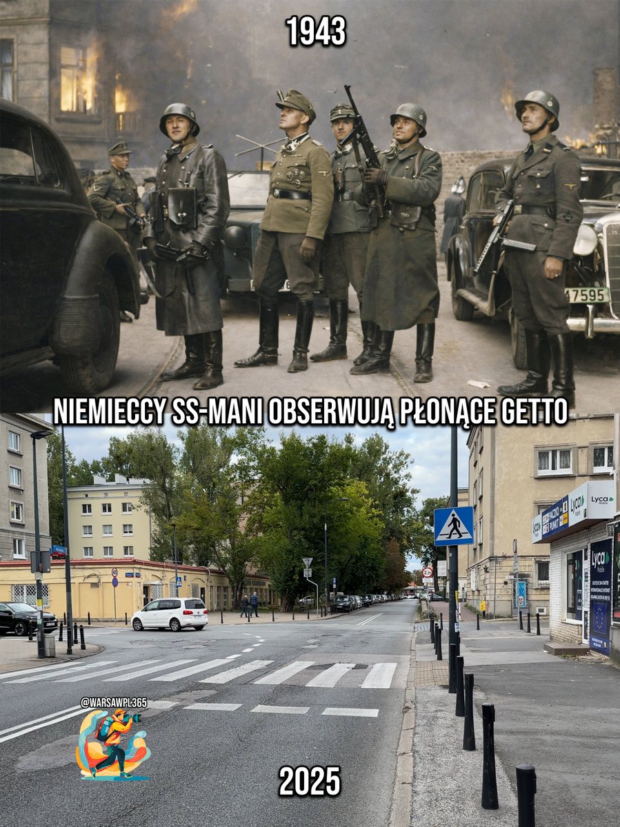Photograph taken on Nowolipie Street looking east during the Warsaw Ghetto Uprising, near the intersection with Smocza Street. On the left, a burning balcony of the townhouse at 62 Nowolipie is visible, next to the ghetto wall. #poland #history #ww2 #ghetto
