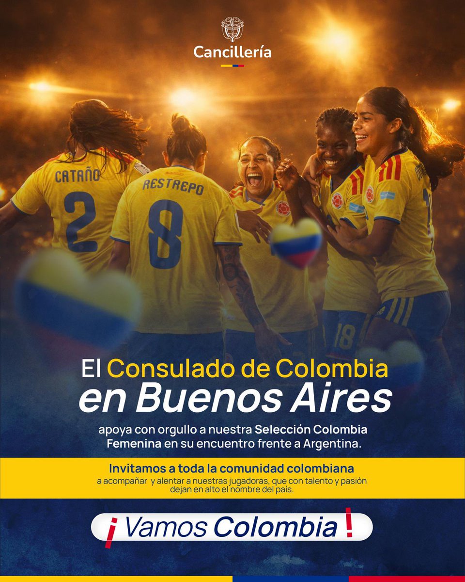 CancilleriaCol's tweet photo. 🇨🇴⚽ ¡Hoy jugamos todos! 🇨🇴

El Consulado General de Colombia en Buenos Aires invita a toda la comunidad colombiana a respaldar con orgullo a nuestra Selección Colombia Femenina en su encuentro frente a Argentina.

Es momento de unirnos, alzar la bandera y demostrar que donde haya un colombiano, hay pasión por nuestro país.

📣 ¡Acompañemos a nuestras jugadoras con toda la energía y el corazón!

#VamosColombia 🇨🇴 #OrgulloColombiano