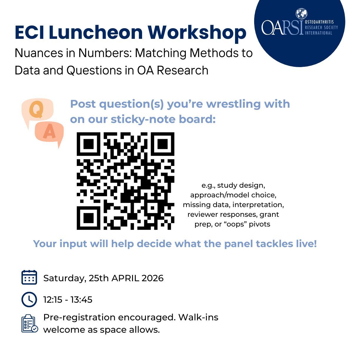 OARSI_ECI's tweet photo. Share the questions you’re wrestling with (design, models, missing data, reviewers, pivots) and help shape our live panel for the upcoming ECI Luncheon Workshop: Nuances in Numbers! https://t.co/Un61mrUlu7