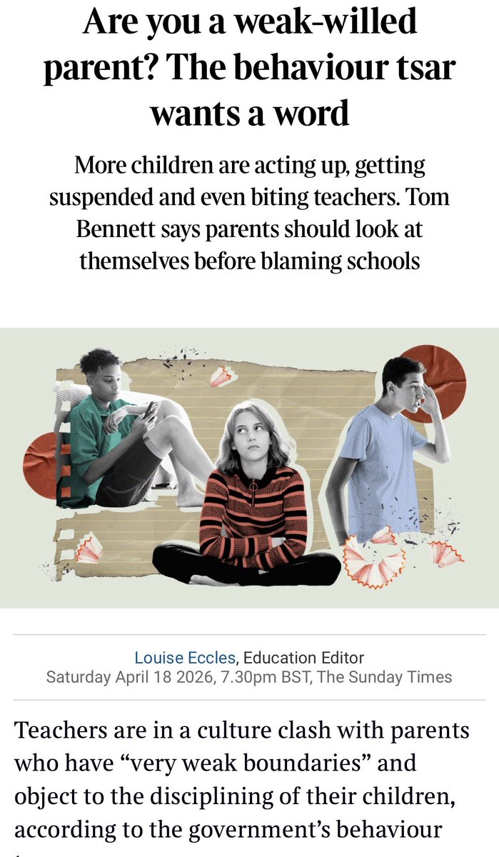 tombennett71's tweet photo. Interview with me in today’s @thetimes about the need for schools and parents to work together on student behaviour. Headline’s a bit chaotic, but the discussion was great. 

https://t.co/sLn79CCKsC https://t.co/4liVvPpUtP