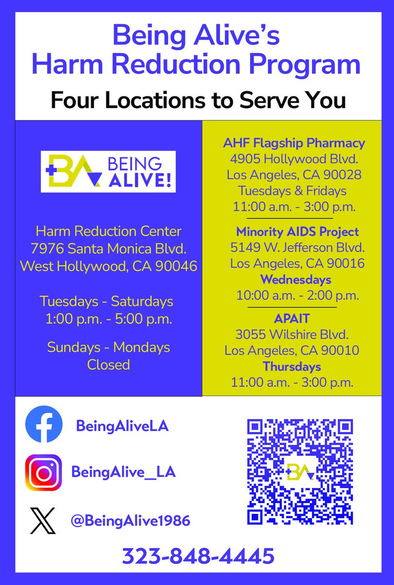 WehoCares's tweet image. Hey #WeHo! 💙 Looking for harm reduction support? @BeingAlive1986 offers free services right here in West Hollywood at 7976 Santa Monica Blvd.

📍 Open Tues–Sat | 1–5 PM
Plus 3 other LA locations for your convenience!
📞 323-848-4445

#WeHoCares #HarmReduction