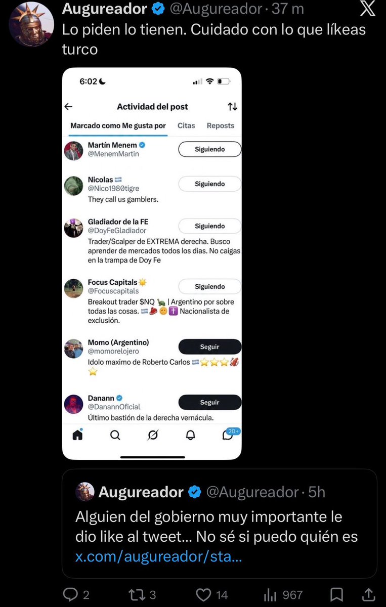 TTendenciaX's tweet image. "Martín Menem":
Porque le dió me gusta a un posteo de X donde aseguran que Karina Milei es "una tarotista pastelera que con suerte te lee un texto en público".