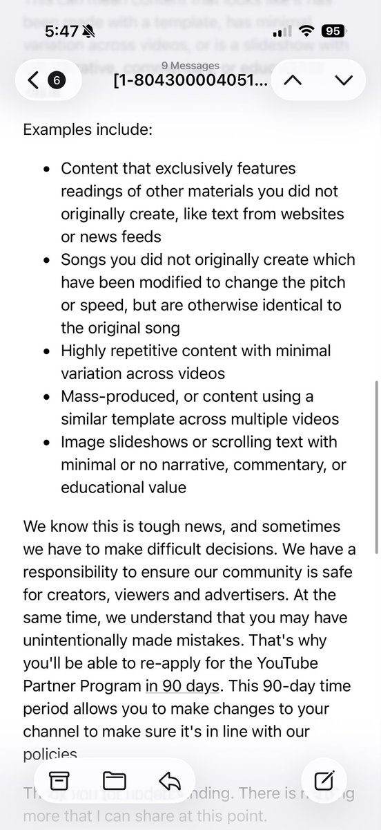 obliviousmeph11's tweet photo. I have gotten three different “reviews” from YouTube. All of them are the prewritten statement claiming I make inauthentic content. 

The AI is wiping out small creators and there is no way to talk to an actual human being @YouTube - they’ll just send you an automated response. https://t.co/oBttDHsxgo