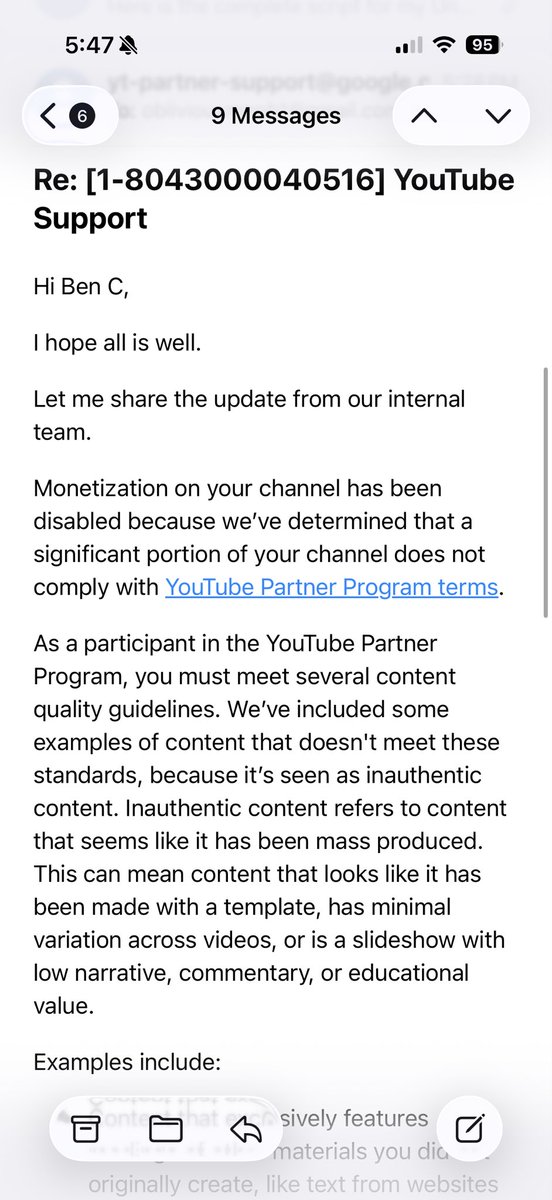 obliviousmeph11's tweet photo. I have gotten three different “reviews” from YouTube. All of them are the prewritten statement claiming I make inauthentic content. 

The AI is wiping out small creators and there is no way to talk to an actual human being @YouTube - they’ll just send you an automated response. https://t.co/oBttDHsxgo