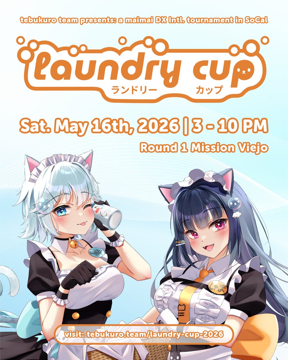 tebukuroteam's tweet photo. tebukuro team from SoCal maimai presents: Laundry Cup, a maimai DX USA Tournament!

May 16th, 2026 @ Round 1 Mission Viejo, CA

We’ll have more information to share soon, including signups, ruleset, and qualifiers!

#maimai_usa #welovemaimaiDX https://t.co/PR6PR5ykNE