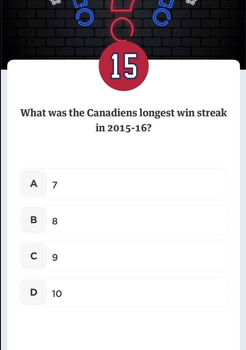 #GoHabsGo April 18 surprise question.  Found April 7.  Answer: C - 9.  Thanks to <a href="/GagneDavidAlex/">David-Alexandre Gagné</a> #Club1909Codes #HabsPlusCodes