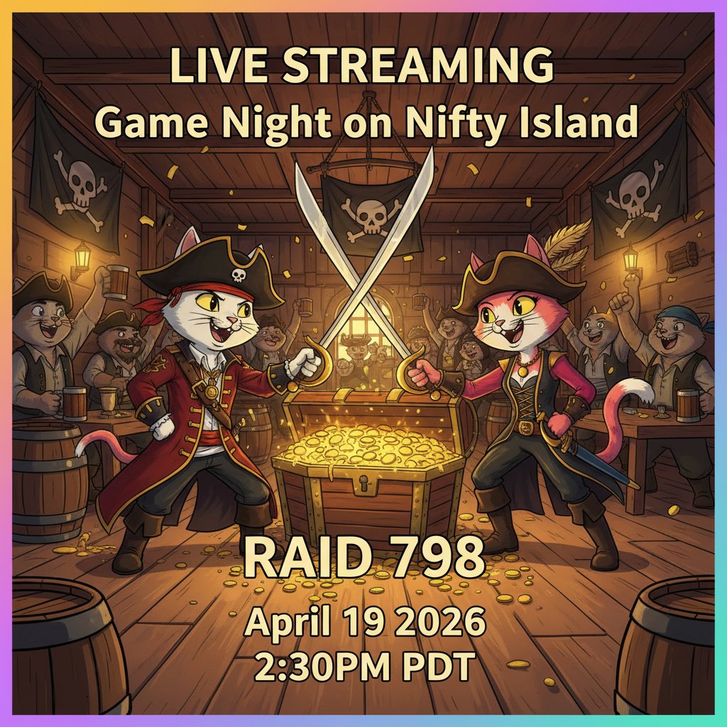 Fresh drop for tomorrow, new flavor, same raid fire 🏴‍☠️

🚨🏝️ TOMORROW: RAIDERS RISE AT WHISKERBEARDS REST 🏝️🚨

🍻🎮 Game Night | 2:30 PM PST 🎮🍻

On @NiftyIsland, <a href="/IslandRaid/">Island Raiders</a>, <a href="/FelineFiendz/">Fiendz</a>, and @marscatsvoyage are gearing up for a night of high-stakes games, chaotic moments,